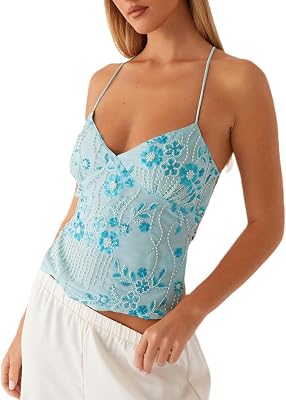 Women Y2K Sequin Cami Top Sexy Low Cut V Neck Open Back Tank Summer Cute Sparkle Criss Cross Straps Crop Halter Tops