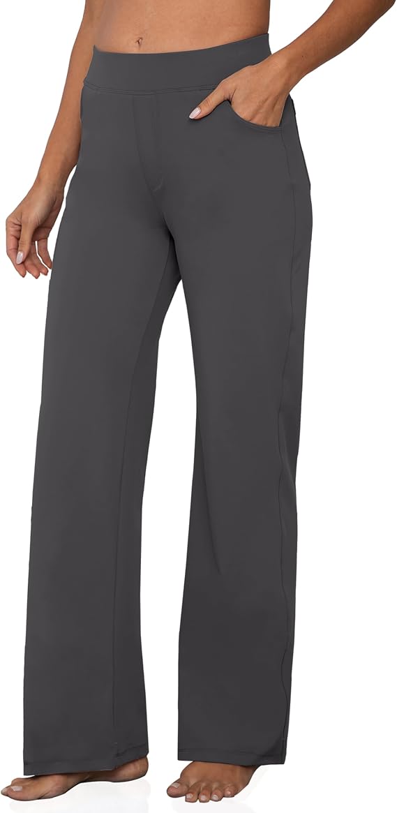 VOOVEEYA Wide Leg Pants for Women, Yoga Dress Pants with Pockets High Waist Casual Straight Dress Pants Petite/Tall/Regular (Long Dark Grey M)