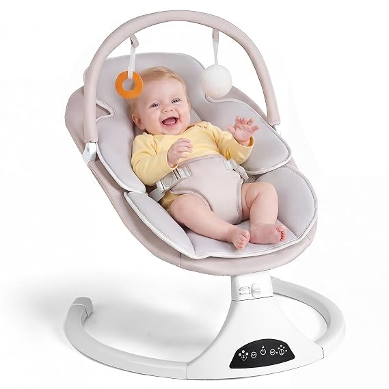 Electric Baby Swing with Remote Control,5 Speeds&Portable&Cozy(0-6M,Beige)