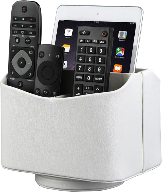 HofferRuffer Spinning Remote Control Holder, Remote Caddy, 360 Degrees Rotatable Remote Control Organizer, Desktop Organizer Caddy Holder, PU Faux Leather (White)