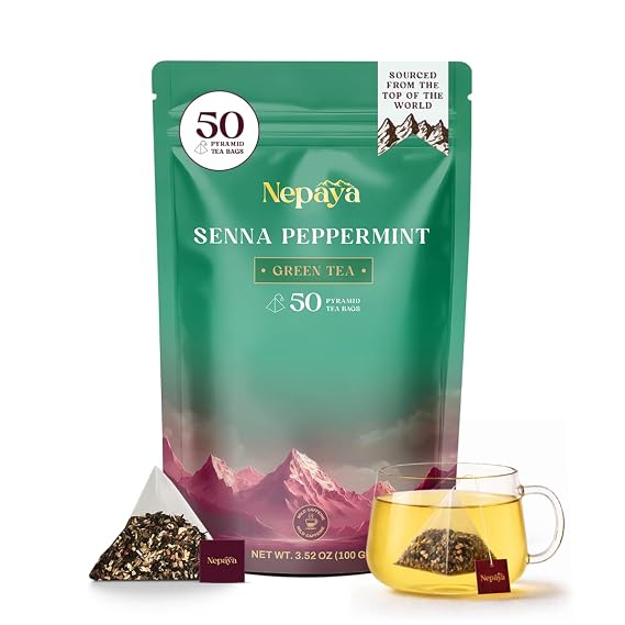 Nepaya Green Tea Bags, High Grown Pure Green Tea, 50 Biodegradable Pyramid Tea Bags, Blend of Senna Leaves-Peppermint, Ginger, Fennel & Cinnamon, Low Caffeine, Natural Green Tea Bags for Hot or Iced