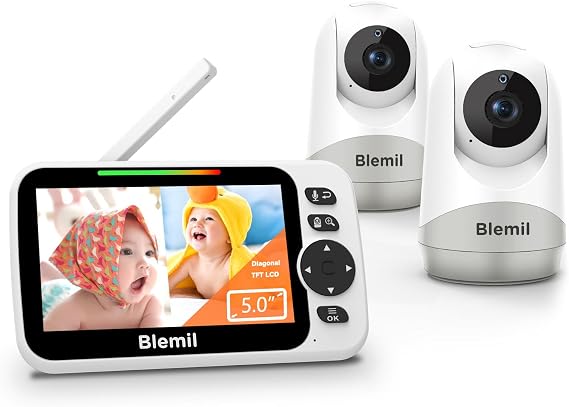 Blemil Baby Monitor,5" Large Split-Screen Video Baby Monitor with 2 Cameras and Audio, Remote Pan/Tilt/Zoom, Two-Way Talk, Room Temperature Monitor, Auto Night Vision, Power Saving/Vox