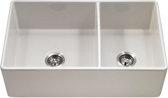 Houzer Platus Fireclay Series Farmhouse Sink - 33 Inch Undermount Apron Front Farm Sink with Double Bowl for Kitchen, Durable, Chip and Crack Resistant, Ideal for Home or Apartment - PTD-6040 BQ