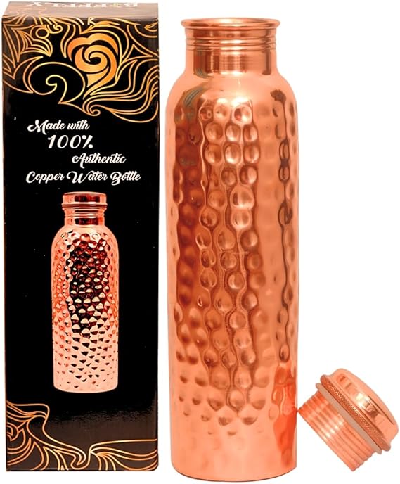 Copper Water Bottle - 34oz - Handcrafted Ayurvedic 100% Pure Copper Water Bottle for Drinking |Men & Women| Leak-Proof Lid BPA Free Non-Insulated & Eco Friendly for Sport & Travel