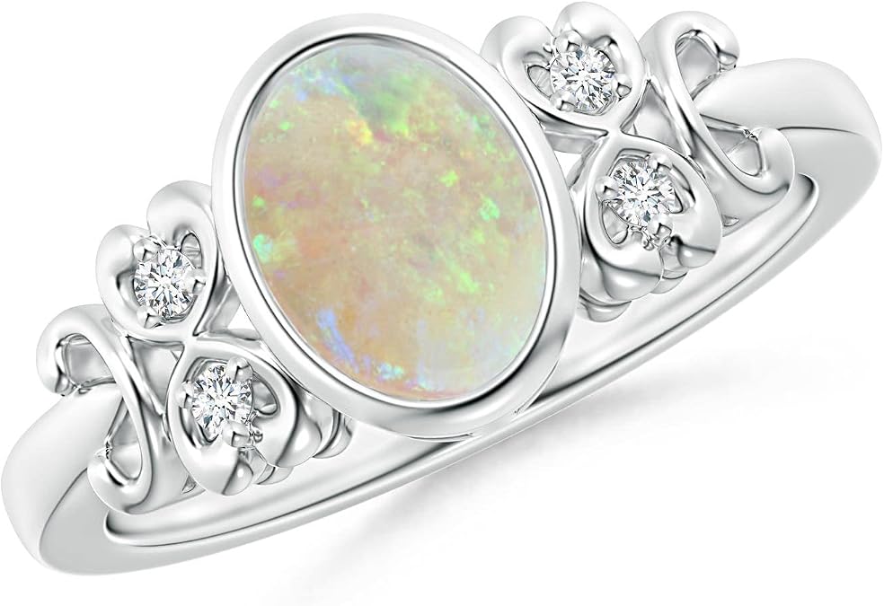 Angara Natural Opal Ring for Women | Vintage Style Bezel-Set Oval Opal Ring with Diamonds in 14K Solid Gold/Platinum