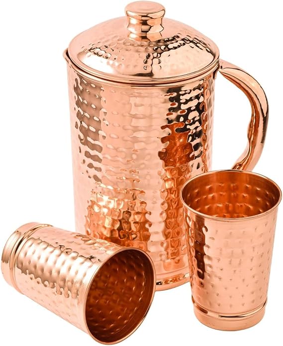 Copper Water Pitcher with 2 Copper Cups | 50.7 Fl Oz