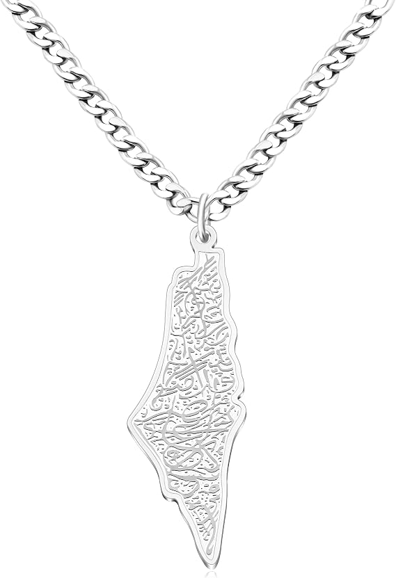 Palestine Map Arabic Script Pendant Necklace Stainless Steel Islamic Jewelry for Men and Women YA5136