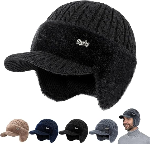 Cold Trapper Hat Ear Protection Knitted Hat Mens Winter Hats with Brim and Ear Flaps Cozy Head Beanie Stocking Cap