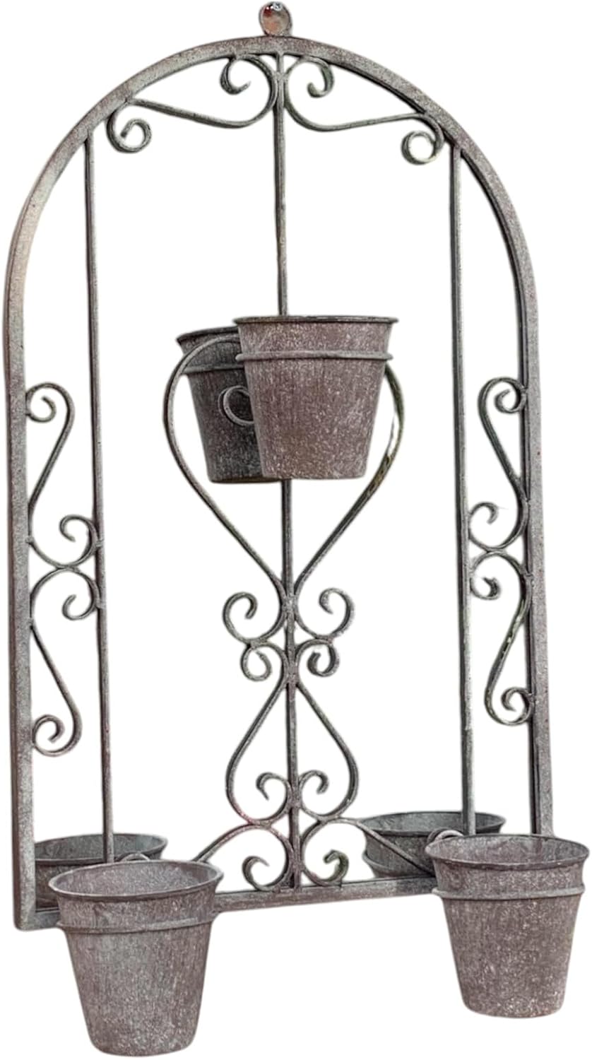 AcaciaHome Vintage Rusty Metal Wall Mirror with Triple Planter 3 Pots Holder - 70cm Arch Design, Indoor/Outdoor Large Garden & Patio Décor for Living & Garden Spaces (1, Vintage Style Floral)