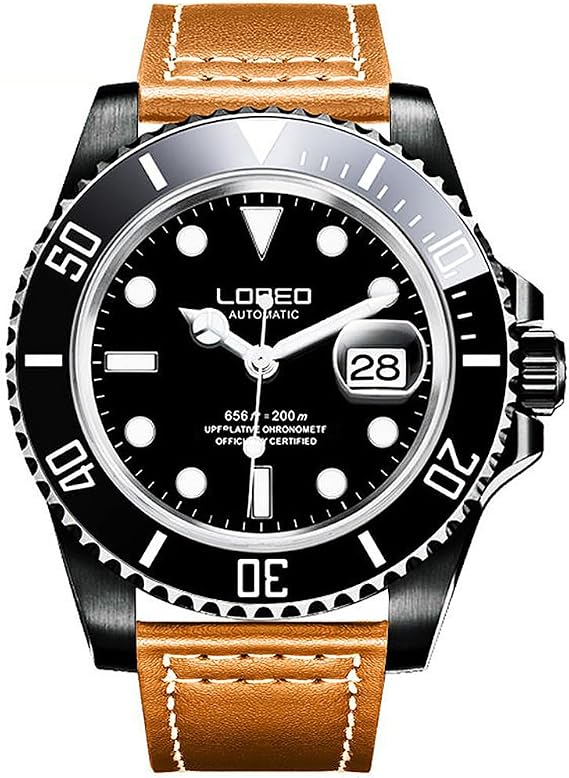 LOREO Mens Rotating Bezel Black Stainless Steel Sapphire Glass Automatic Leather Band Watch