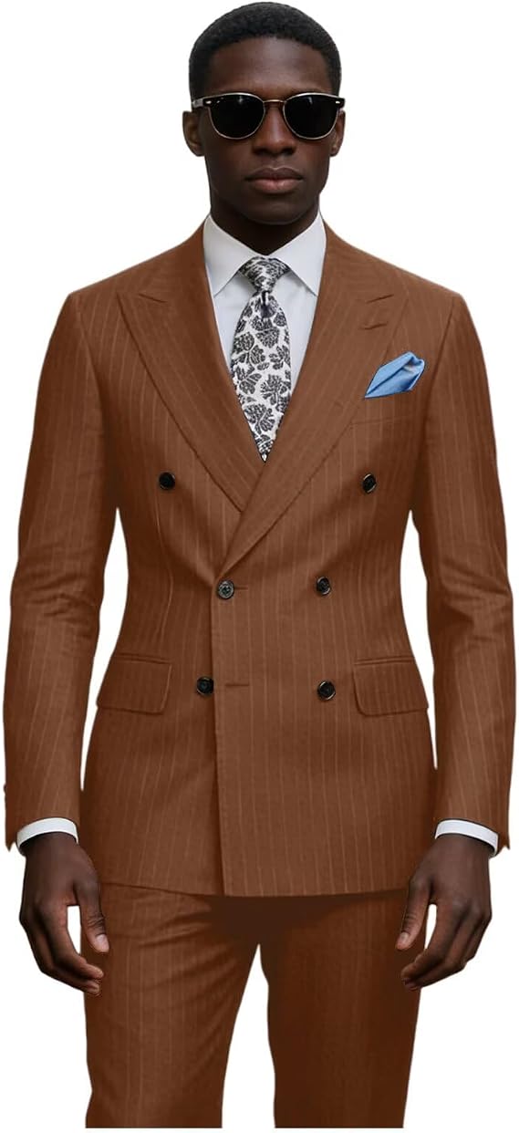 Men's 2 Piece Pinstripe Suits Double Breasted Striped Tuxedo Slim Fit Suit for Men with Jacket and Pants