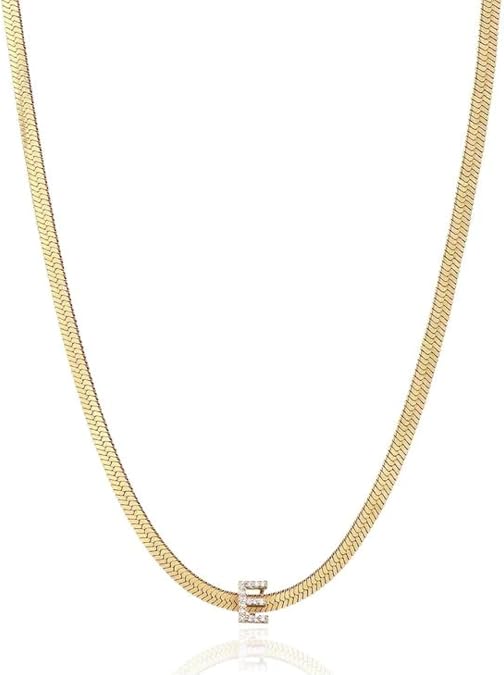 Ettika Initial Necklaces for Women. 18K Gold Plated Cubic Zirconia, Letter Necklace. Gold Initial Necklace, Dainty Herringbone Chain
