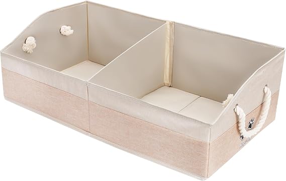 Large Dog Toy Basket with Handle, Foldable Dog Toy Box for Living Room Area , 28.5" Basket for Dog's Supplies, Organizer and Storage with Hard Board, Anti-Slip for Pet Toys (Beige, Large 28.5"15")