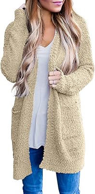 QIXING Womens Casual Open Front Cardigans Long Sleeve Chunky Knit Sweater Coat with Pockets Beige-X-Large