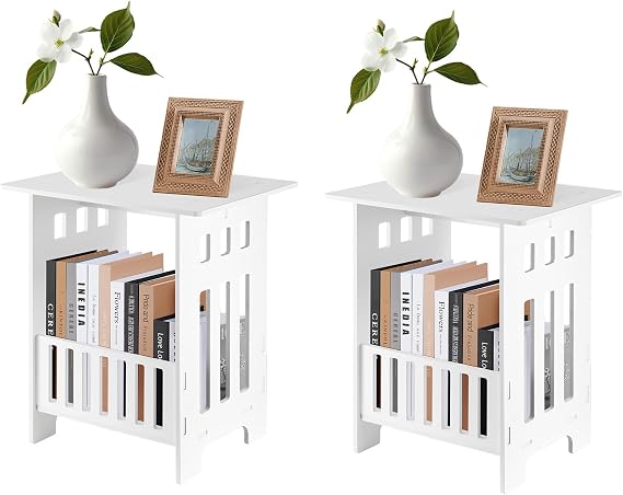 CROWNSHOP Small Side Table 2PC with Storage for Living Room Bedroom White