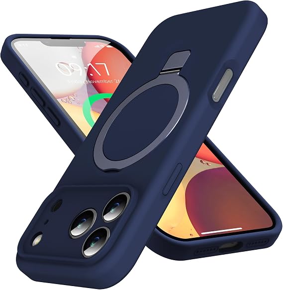 Mag-Ring iPhone 17 Pro用ケース、液体シリコン保湿因子スタンド付きエクストリームソフトスリムフォンケースMagSafe対応 17 Pro 6.3インチメンズ、レディース、ロイヤルブルー