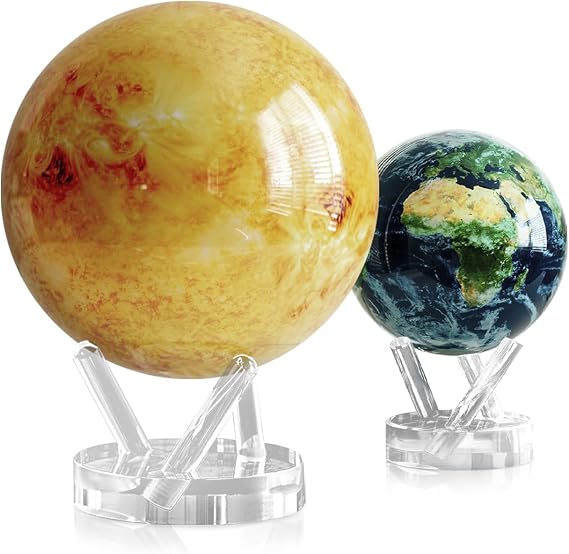 MOVA Globe Bundle Sun 8.5 + Earth with Clouds 4.5 | Solar-Powered Rotating Globes | No Batteries or Wires | NASA Solar Surface Meets Natural Earth Decor Gift