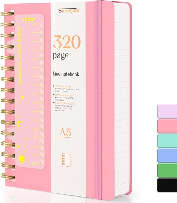 Smarpau A5 Spiral Notebook Lined Journal with 320 Pages 100gsm Paper