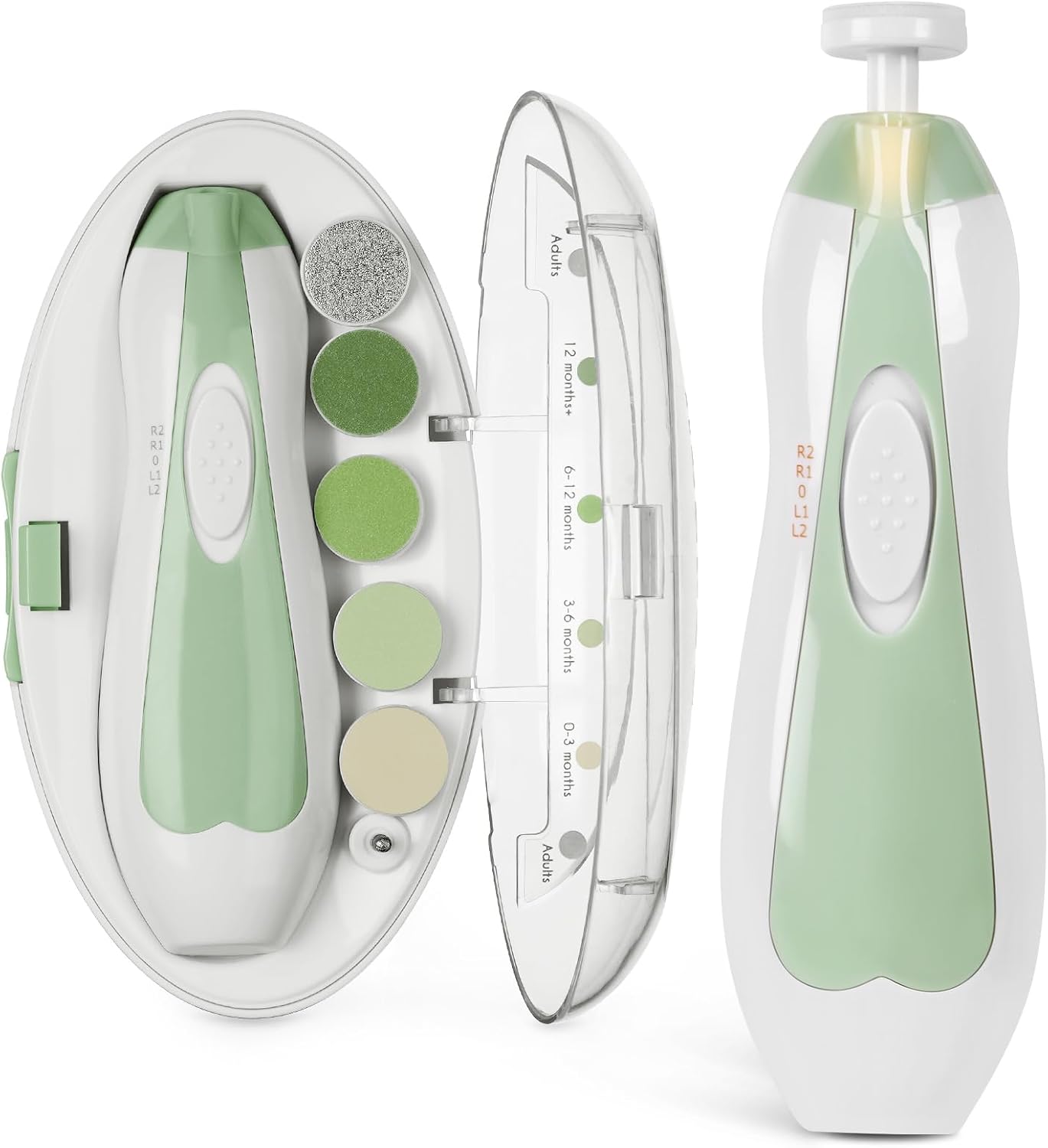 haakaa Baby Nail Trimmer Electric Safe Baby Nail Clippers Baby Nail File Kit, Trim Polish Grooming kit for Newborn Toddler or Adults Toes Fingernails, 6 Grinding Heads and LED Light, Meadow