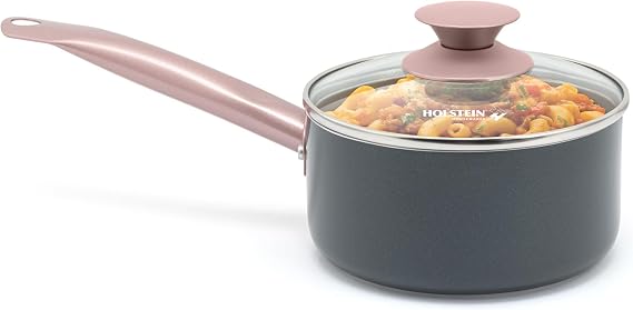 Holstein Housewares 1.5QT Ceramic Nonstick Saucepan with Glass Lid, Multipurpose Sauce Pan with Stainless Steel Handle, Induction Bottom Stylish, Durable & Easy to Clean, Cool Grey & Rose Gold