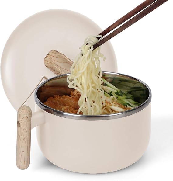 40 Oz Ramen Bowl Soup Bowls with Lid and Handles Noodles Pasta Cereal Salad Stainless-steel Bowls with Drain Hole Instant Noodle Cup for Girls or Guys(White)