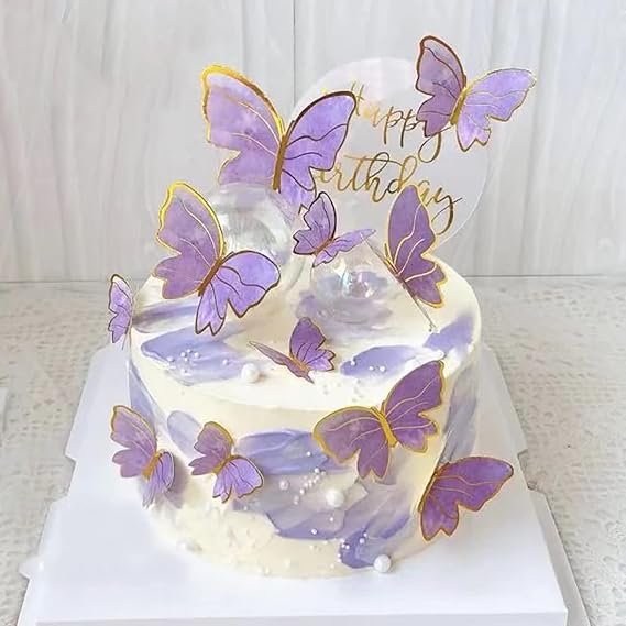 Purple Butterfly Cake Toppers, 11pcs Butterfly Cupcake Toppers Happy Birthday Metal Gold Happy Birthday Cake Topper for Girls Women's Cake Party Decorations