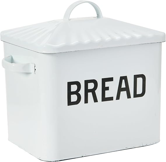 Creative Co-Op Farmhouse Enameled Metal Bread Box with Bread Text, White and Black Finish