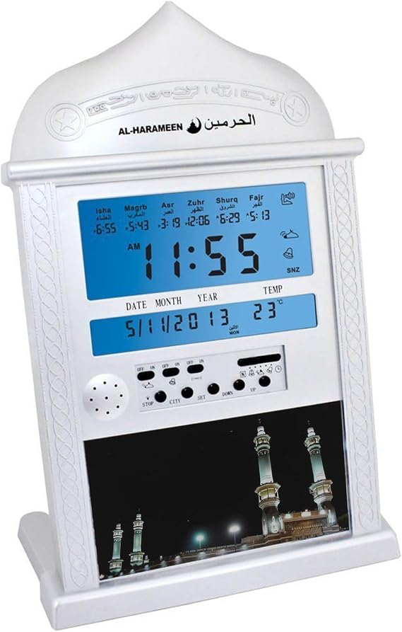 Works Azan Alarm Clock Islamic Digital 5 Namaaz Reminder Table Clock Adhan Prayer Clock with Quran, Silver
