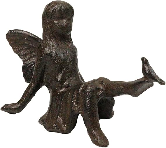 Ebros Gift Cast Iron Sitting Whimsical Fairy with Bird On Her Feet Small Decorative Sculpture Heirloom Vintage Collectible Rustic Paperweight 5.75" L