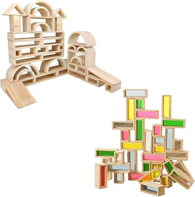 Bundle of Wooden Over-sized 29 PCS Block Set and Wooden Big 36PCS Rainbow Building Blocks Toys, Toddler Building and Stacking Blocks, Preschool Learning Education Toys for Boys & Girls Aged 3