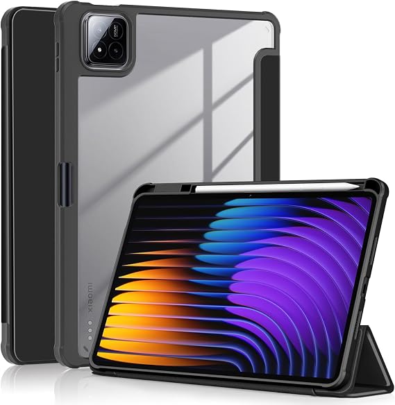 Gylint Case for Xiaomi Pad 7 Pro/Pad 7 11.2 inch 2024, Hybrid Slim Case Cover [Built-in Pencil Holder] Shockproof Cover with Clear Transparent Back Shell for Xiaomi Pad 7 Pro/Pad 7 11.2'' Black
