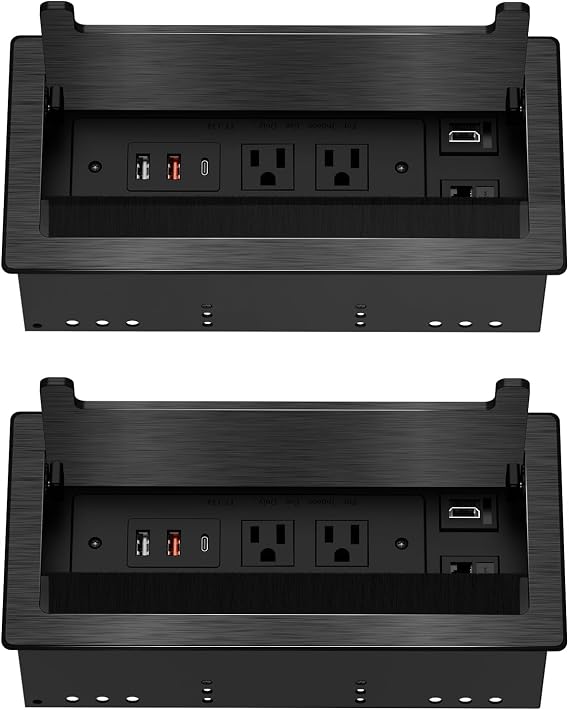 2Pack Conference Table Power Hub, Outlet Multimedia Connectivity Box with 1 HDMI + 1 RJ45 + 20W USB C + 2 USB A + 2 AC Outlets, Heavy Duty Metal Table Top Box for Countertop Office UL Listed