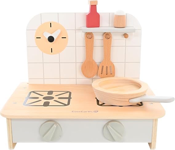 Wooden Play Cooking Set, Wood Pretend Food for Play Kitchen, Play Kitchen Cookware for Kids Ages 36M+, Wood Toy Stove with Play Food Accessories, FSC Certified