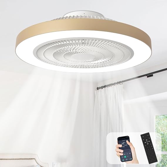 Depuley Flush Mount Ceiling Fan: 20 Inch Bedroom Modern Low Profile Led Ceiling Fans with Light - Smart APP and Remote Control Gold Bladeless Fandelier Dimmable Quiet DC Motor for Kitchen Lighting [Energy Class F]