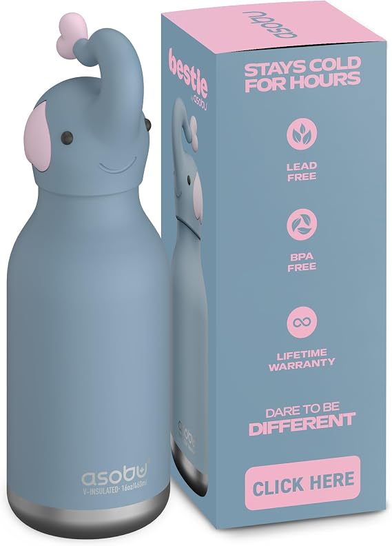 asobu Bestie Elephant Water Bottle, Cute Collectible Character, BPA Free