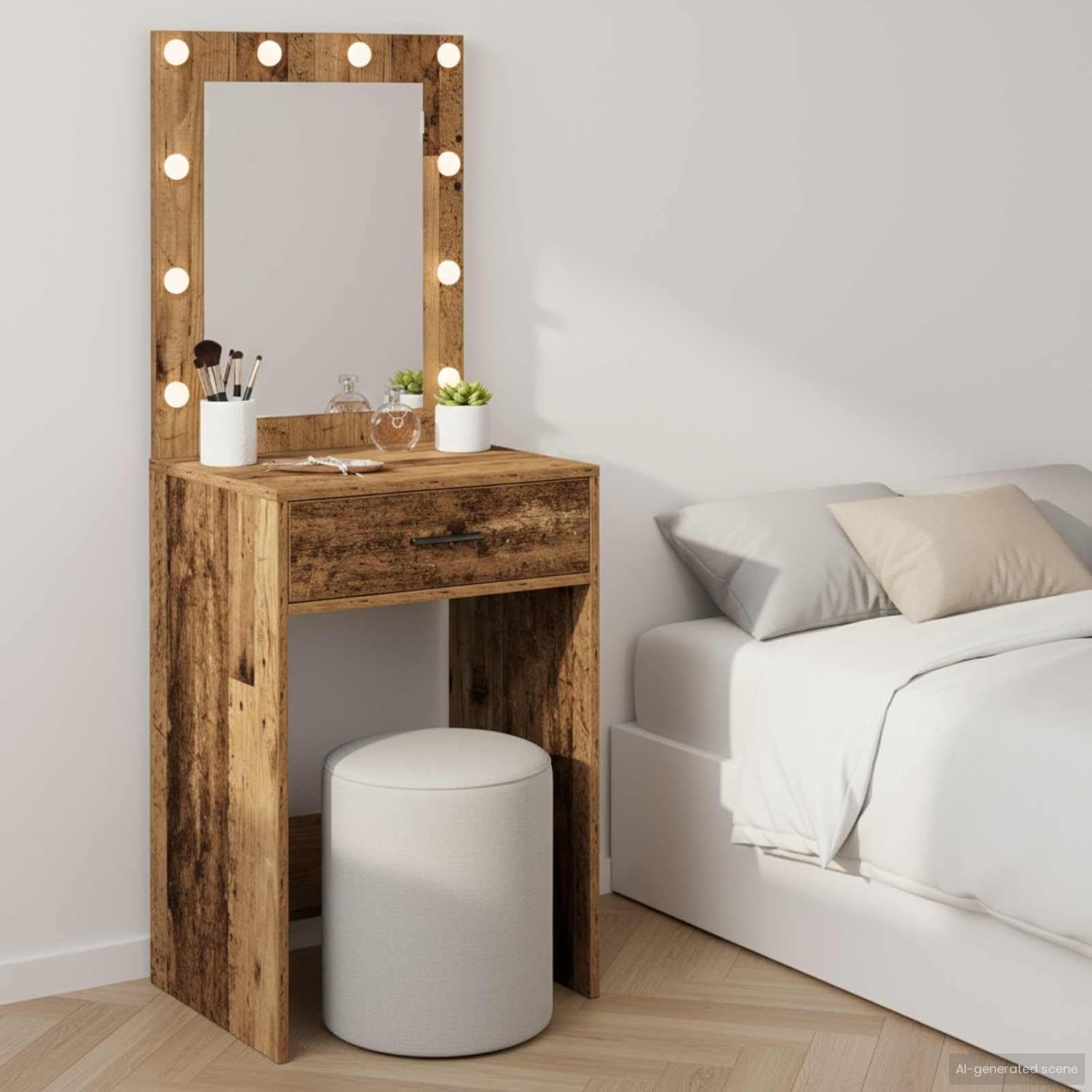 Modern Dressing Table with Mirror Lights, Old Wood Finish, 50x41x135cm Engineered Wood Vanity Desk for Bedroom, Makeup Vanity with Storage Drawers