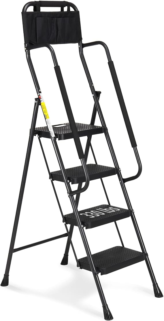 HBTower Step Ladder with Handrails, 4 Step Ladder with Attachable Tool Bag