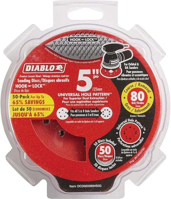 Diablo Hook and Lock ROS Sanding Discs for Wood, Metal and Plastics - 5", 80 Grit, Coarse, Ceramic Blend, 50-Pack - DCD050080H50G