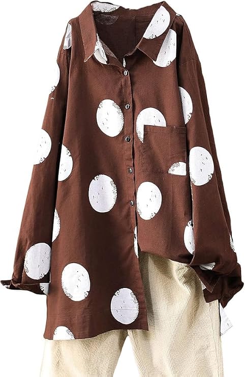 Minibee Women's Button Down Tunic Tops Polka Blouse Cotton Shirt