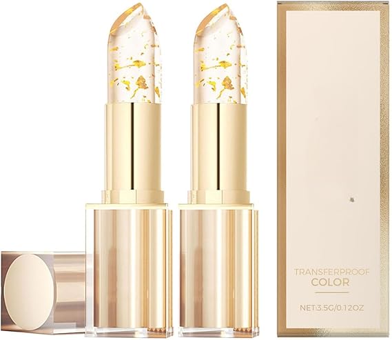 Colour Changing Lipstick - 2Pcs PH Adjusting Clear Lip Stick with Gold Foil - Transfer Proof Formula - Moisturizing Hydrating Glossy Finish - Temperature Sensitive Lipsticks for All Skin Tones Women