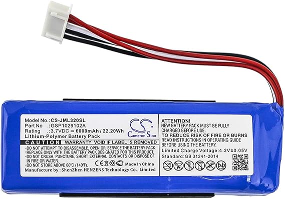 Replacement Battery for JBL Charge 3 2016, Compatible with JBL Charge 3 2016 Version, fits Part No GSP1029102A, Cameron Sino CS-JML320SL 3.7V 6000mAh/22.0Wh Li-Polymer Speaker Battery