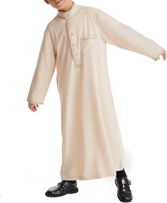 Muslim Thobe for Boys Islamic Thobe Long Sleeve Kaftan Stand Collar Button Robe Kids Ramadan Eid Outfit Prayer Clothes