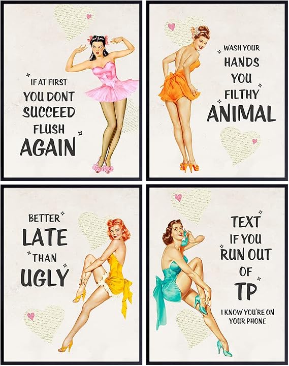 Pinup Girl Vintage Bathroom Wall Decor - Pin Up Wall Art - Funny Bathroom Quotes - Wash Your Hands You Filthy Animal Sign - Better Late Than Ugly - Bath Wall Decor - Restroom Decorations - 4 Print Set