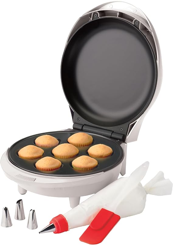 Betty Crocker Mini Cupcake Factory, 1000 Watts, BC-2930CRT, White | Mini Cupcake Maker with Nonstick Surface, Muffin Machine with Cool Touch Handle & Makes 7 Delicious Cupcakes in Minutes