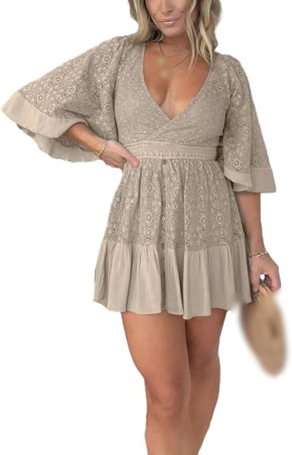 Women's Lace Crochet Romper Dress with Built-in Shorts,Lace V Neck Mini Dresses Open Back Lace Dress