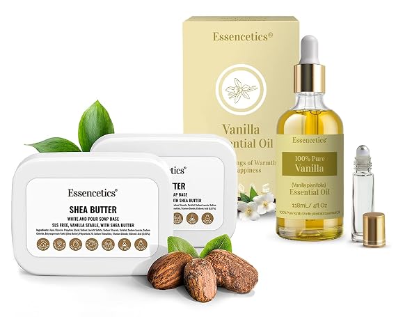 4 fl oz Vanilla Essential Oil Blend & 5 LB Shea Butter Soap Base Bundle - Organic, Vegan & SLS-Free - Moisturizing Soap-Making Kit
