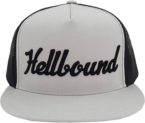 Hellbound Trucker Cap for Men Flat Bill 5-Panel Mesh Hat 3D Raised Hellbound Front Embroidery Adjustable Snapback One Size Fits Most Bold Baseball Cap (Silver/Black)