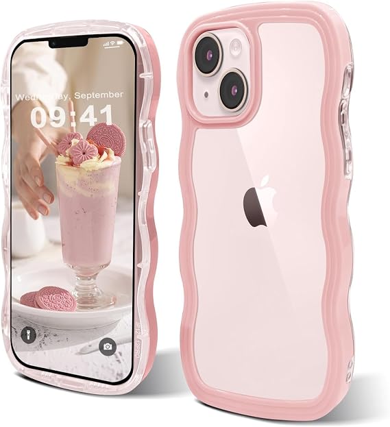 ORDA for iPhone 13 case for iPhone 14 case Cute Wave Frame Curly Shape Shockproof Hard PC Phone Cover for Women and Girls Compatible with for 6.1 inchs Pink