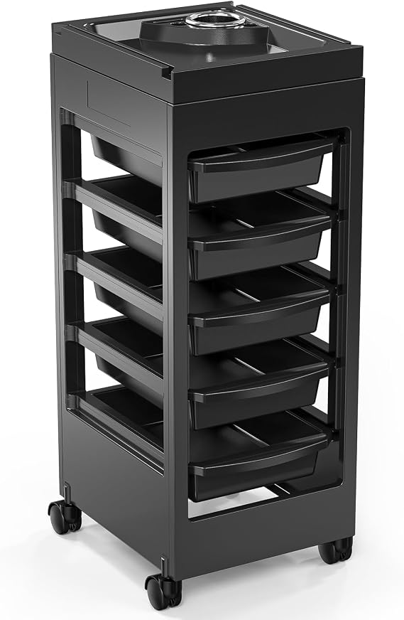 OmySalon Salon Trolley Cart with Wheels & Hair Dryer Holder, 5 Drawers Hair Rolling Storage Organizer Barber Station, Salon Cart for Hair Stylist