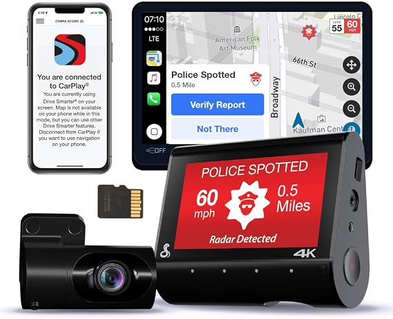 Cobra Smart Dual View Front and Rear Dash Cam (SC 250R), True 4K Resolution | 360 Alerts, Parking Live View, Incident Reports, Emergency Mayday, 32 GB SD Card Included, CarPlay & Android Auto